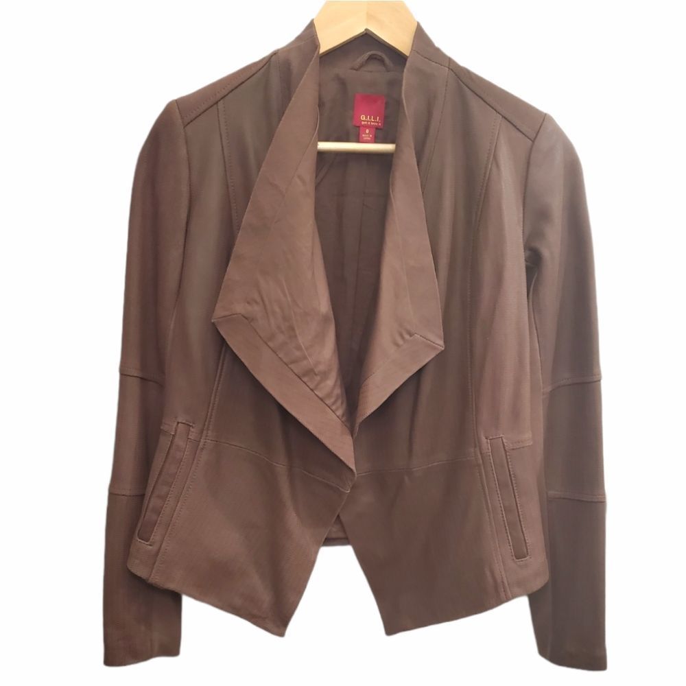 G.I.L.I. Genuine Leather Open Front Knit Panel Sleeve Brown Jacket Coat